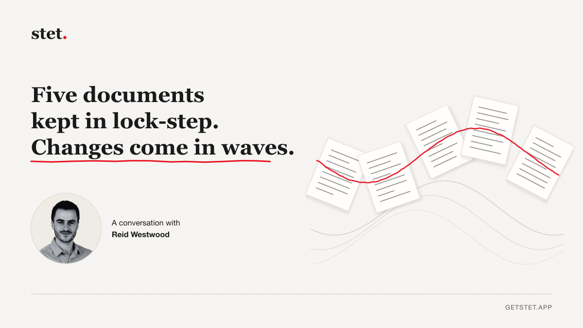 Five pages riding one wave with a single red line running through all of them, beside a portrait of Reid Westwood.