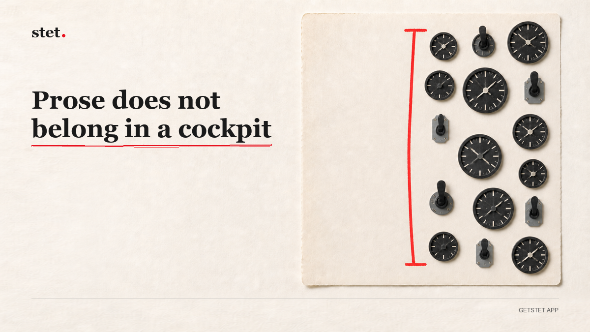A blank manuscript page crowded on its right side by cockpit dials and toggle switches behind a red editorial boundary.