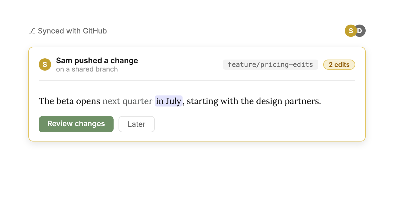 A teammate's change arriving from a shared GitHub branch in Stet, with the edited sentence highlighted and a review changes button
