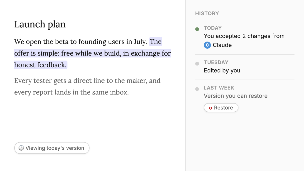 A document's history panel in Stet listing recent versions: changes accepted from Claude today, an edit by you, and an older version with a restore button