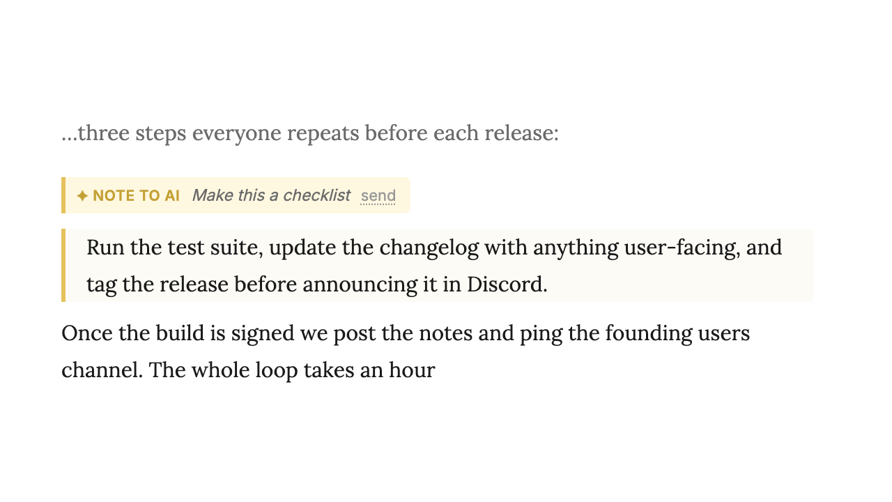 A gold Note to AI marker in a Stet document with the instruction: make this a checklist, wrapping the paragraph it applies to