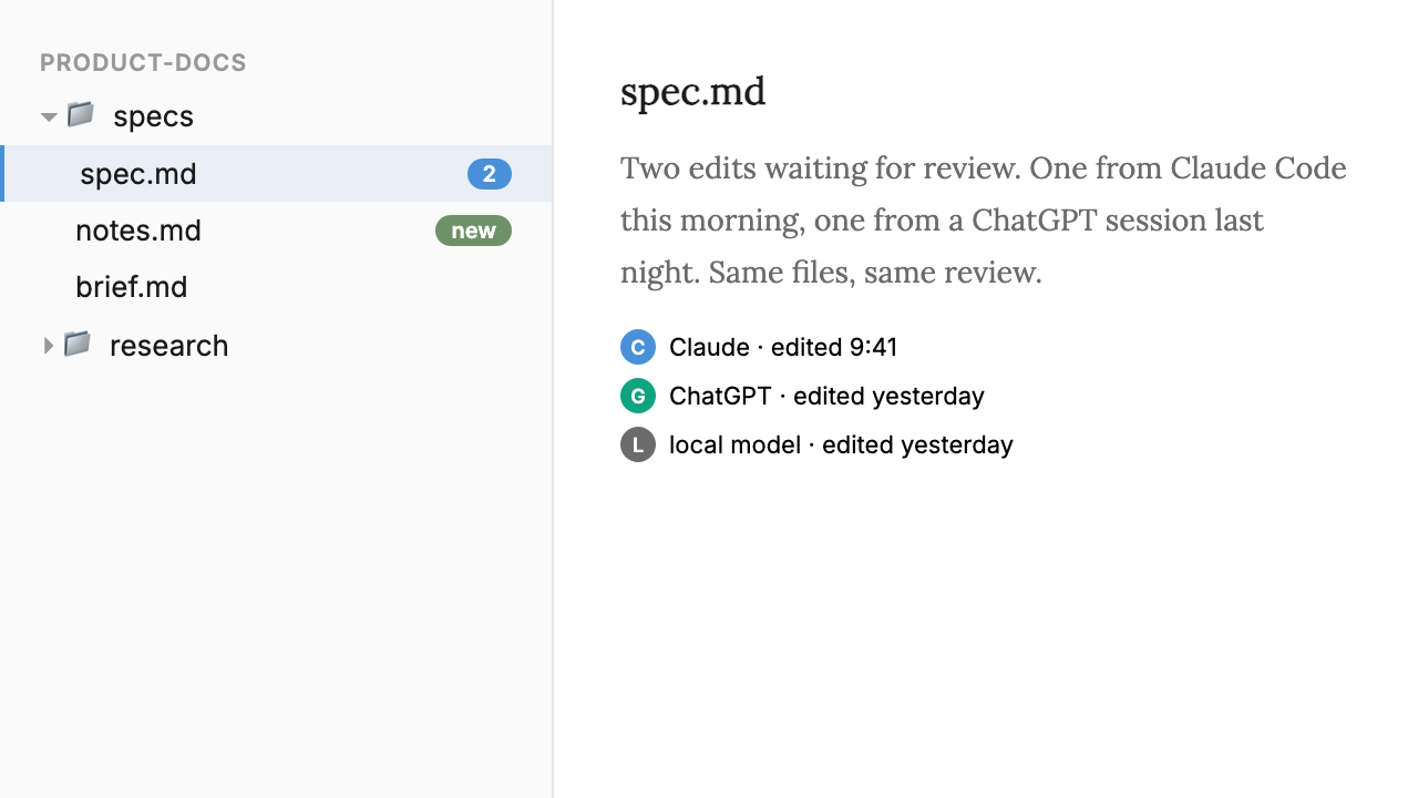 Stet's file tree showing markdown files with pending-review badges, and edits from Claude, ChatGPT, and a local model on the same file